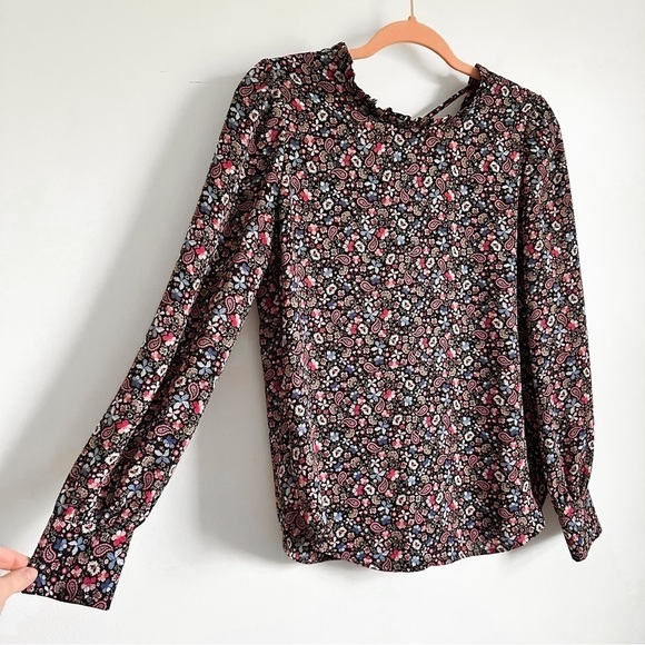 Loft Vine Floral Black Pink Ruffle Collar Tie Back Flowy Blouse sz Small - Picture 5 of 9